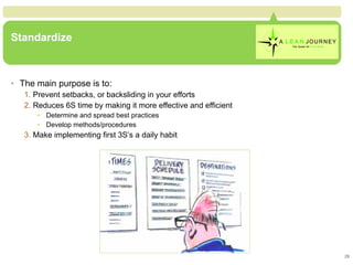 Standardize The main purpose is to: Prevent setbacks, or backsliding in your efforts Reduces 6S time by making it more effective and efficient Determine and spread best practices Develop methods/procedures Make implementing first 3S’s a daily habit Standardize 