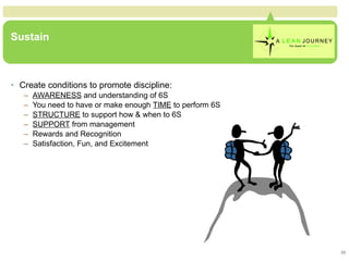 Sustain Create conditions to promote discipline: AWARENESS  and understanding of 6S You need to have or make enough  TIME  to perform 6S STRUCTURE  to support how & when to 6S SUPPORT  from management Rewards and Recognition Satisfaction, Fun, and Excitement Sustain 