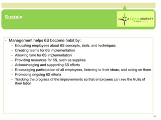 Sustain Management helps 6S become habit by: Educating employees about 6S concepts, tools, and techniques Creating teams for 6S implementation Allowing time for 6S implementation Providing resources for 6S, such as supplies Acknowledging and supporting 6S efforts Encouraging participation of all employees, listening to their ideas, and acting on them Promoting ongoing 6S efforts Tracking the progress of the improvements so that employees can see the fruits of their labor 
