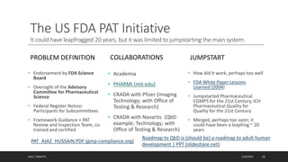 The US FDA PAT Initiative
It could have leapfrogged 20 years, but it was limited to jumpstarting the main system.
PROBLEM DEFINITION
• Endorsement by FDA Science
Board
• Oversight of the Advisory
Committee for Pharmaceutical
Science
• Federal Register Notice:
Participants for Subcommittees
• Framework Guidance + PAT
Review and Inspection Team, co-
trained and certified
COLLABORATIONS
• Academia
• PHARMI (mit.edu)
• CRADA with Pfizer (Imaging
Technology; with Office of
Testing & Research)
• CRADA with Novartis (QbD
example; Technology; with
Office of Testing & Research)
JUMPSTART
• How did it work, perhaps too well
• FDA White Paper Lessons
Learned (2004)
• Jumpstarted Pharmaceutical
CGMPS for the 21st Century, ICH
Pharmaceutical Quality for
Quality for the 21st Century
• Merged, perhaps too soon; it
could have been a leapfrog ~ 20
years
AJAZ | INSIGHTS 1/20/2024 13
PAT_AJAZ_HUSSAIN.PDF (gmp-compliance.org)
Roadmap to QbD is (should be) a roadmap to adult human
development | PPT (slideshare.net)
 