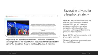 Favorable drivers for
a leapfrog strategy
Driver #1: The partnership between the
Thai FDA, the Chulabhorn Research
Institute (CRI), and MIT creates an
ecosystem that fosters specialized
competitive advantages based on
innovative technology and continuing
professional development.
Driver #2: This workshop, deciding [and
preparing] to leapfrog
[Driver #3: Workshop consensus report
for a SMART beginning]
AJAZ | INSIGHTS 1/20/2024 36
Professor Dr. Her Royal Highness Princess Chulabhorn Krom Phra
Srisavangavadhana has placed human resources at the forefront of the
work of the Chulabhorn Research Institute (CRI) since its inception.
 