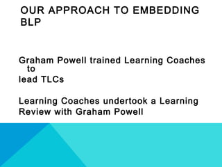 OUR APPROACH TO EMBEDDING
BLP
Graham Powell trained Learning Coaches
to
lead TLCs
Learning Coaches undertook a Learning
Review with Graham Powell
 