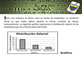 9.En una empresa se desea crear un fondo de empleados. La condición
inicial es que todos deben aportar la misma cantidad de dinero
mensualmente. La siguiente gráfica representa la distribución salarial de los
empleados que van a formar parte del fondo
 