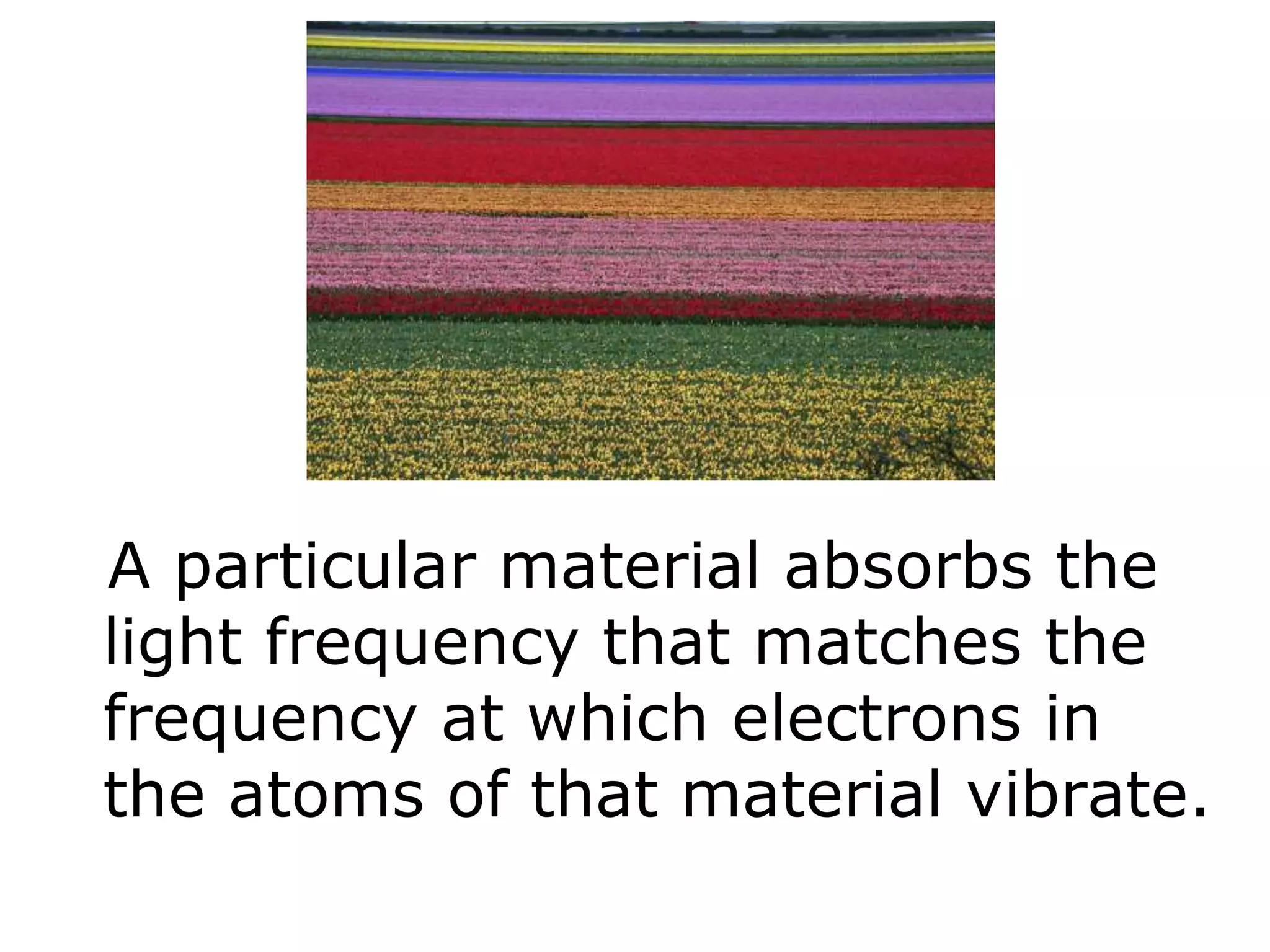 A particular material absorbs the
light frequency that matches the
frequency at which electrons in
the atoms of that material vibrate.
 