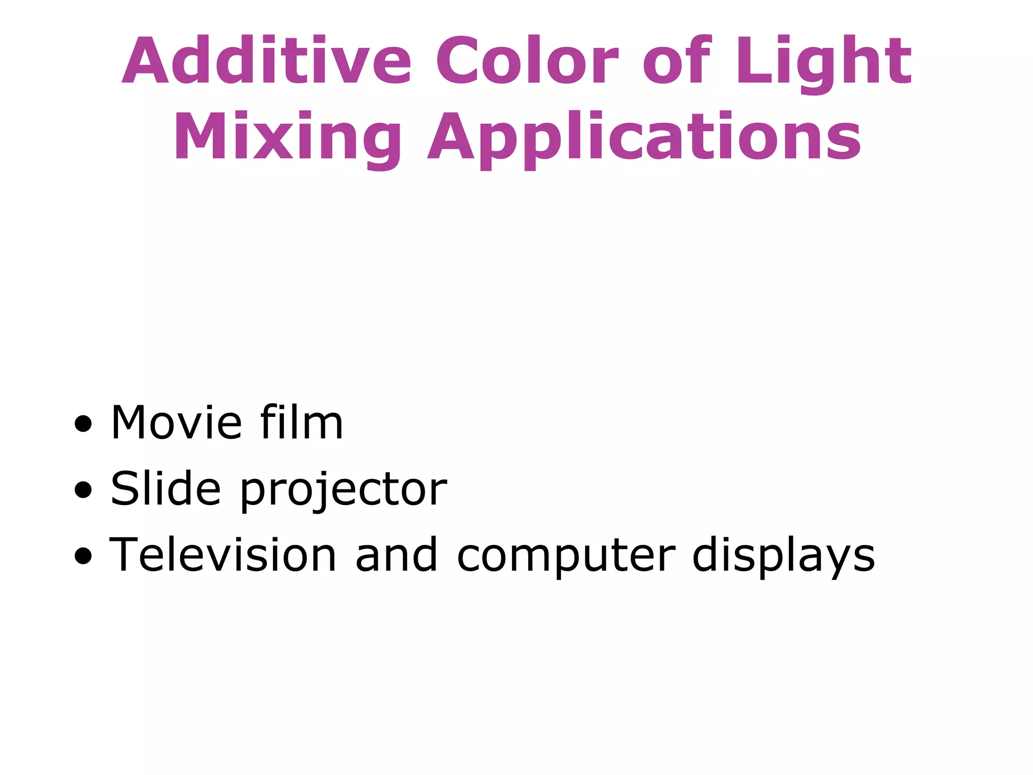 Additive Color of Light
Mixing Applications
• Movie film
• Slide projector
• Television and computer displays
 