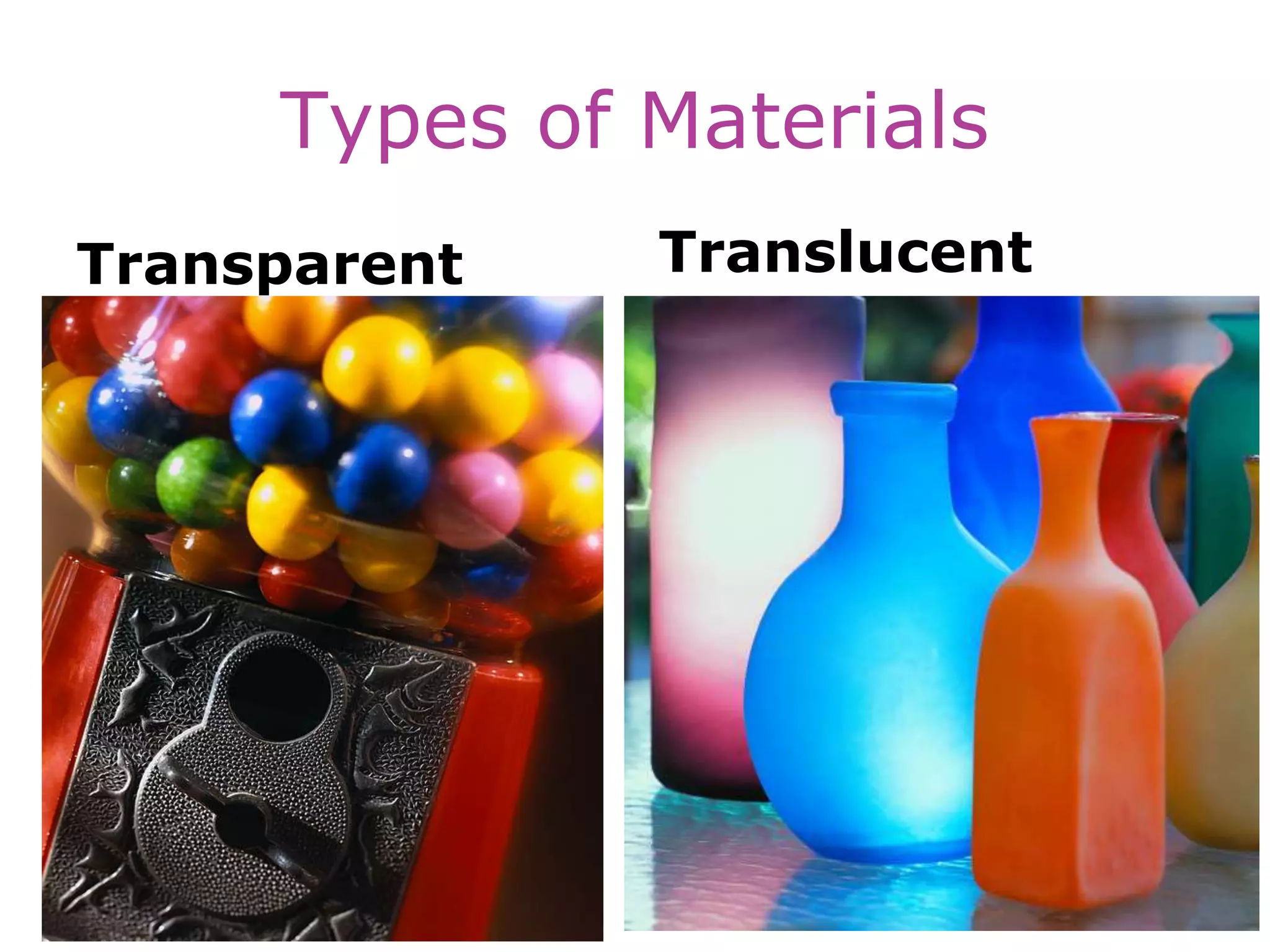 Types of Materials
Transparent Translucent
 