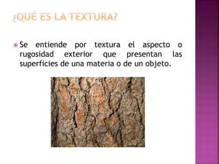  Se entiende por textura el aspecto o
rugosidad exterior que presentan las
superficies de una materia o de un objeto.
 