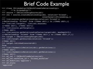 Brief Code Example
>>> class IFriendship(IDCWorkflowableRelationship):
...     “””A friendship”””
>>> source = IRelationsh...