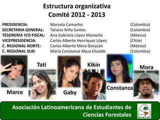 Asociación Latinoamericana de Estudiantes de
Ciencias Forestales
Estructura organizativa
Comité 2012 - 2013
PRESIDENCIA: Marcela Camacho (Colombia)
SECRETARIA GENERAL: Tatiana Niño Santos (Colombia)
TESORERIA Y/O FISCAL: Ana Gabriela López Maravilla (México)
VICEPRESIDENCIA: Carlos Alberto Henríquez López (Chile)
C. REGIONAL NORTE: Carlos Alberto Mora Donjuán (México)
C. REGIONAL SUR: María Constanza Meza Elizalde (Colombia)
Marce
Tati
Gaby
Kikín
Constanza
Mora
4
 