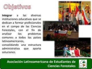 Integrar a las diversas
instituciones educativas que se
dedican a formar profesionales
en el campo de las Ciencias
Forestales, con el fin de
analizar los problemas
comunes a todos los países
latinoamericanos,
consolidando una estructura
administrativa que aporte
soluciones.
Asociación Latinoamericana de Estudiantes de
Ciencias Forestales 6
 