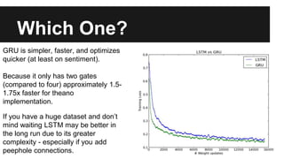 Which One?
GRU is simpler, faster, and optimizes
quicker (at least on sentiment).
Because it only has two gates
(compared to four) approximately 1.5-
1.75x faster for theano
implementation.
If you have a huge dataset and don’t
mind waiting LSTM may be better in
the long run due to its greater
complexity - especially if you add
peephole connections.
 