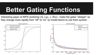 Better Gating Functions
Interesting paper at NIPS workshop (Q. Lyu, J. Zhu) - make the gates “steeper” so
they change more rapidly from “off” to “on” so model learns to use them quicker.
 