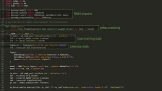 RNN imports
preprocessing
tokenize data
load training data
 