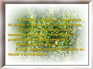 Além disso, equilibra a temperatura do sangue e,
através dele, de todo o corpo.
Por isso é recomendado contra anemia, menstruação
insuficiente e problemas de irrigação sangüínea.
Também atua no fígado.
E uma melhor irrigação dos órgãos estimula
o metabolismo
Além disso, equilibra a temperatura
do sangue e,
através dele, de todo o corpo.
Por isso é recomendado contra
anemia, menstruação
insuficiente e problemas de irrigação
sangüínea.
Também atua no fígado.
E uma melhor irrigação dos órgãos
estimula
o metabolismo
Além disso, equilibra a temperaturaAlém disso, equilibra a temperatura
do sangue e, através dele, de todo o corpo.do sangue e, através dele, de todo o corpo.
Por isso é recomendado contraPor isso é recomendado contra
anemia, menstruação insuficiente eanemia, menstruação insuficiente e
problemas de irrigação sangüínea.problemas de irrigação sangüínea.
Também atua no fígado.Também atua no fígado.
E uma melhor irrigação dos órgãos es-E uma melhor irrigação dos órgãos es-
timula o metabolismotimula o metabolismo
 