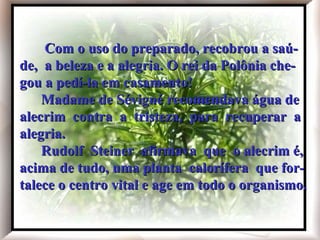Com o uso do preparado, recobrou a saúde, a beleza e a alegria. O rei da Polônia chegou a pedi-la em casamento! Madame de Sévigné recomendava água de alecrim contra a tristeza, para recuperar a alegria. Rudolf Steiner afirmava que o alecrim é, acima de tudo, uma planta calorífera que fortalece o centro vital e age em todo o organismo. Com o uso do preparado, recobrou a saú- de,  a beleza e a alegria. O rei da Polônia che- gou a pedí-la em casamento!   Madame de Sévigné recomendava água de alecrim  contra  a  tristeza,  para  recuperar  a alegria.   Rudolf  Steiner  afirmava  que  o alecrim é, acima de tudo, uma planta  calorífera  que for- talece o centro vital e age em todo o organismo. 