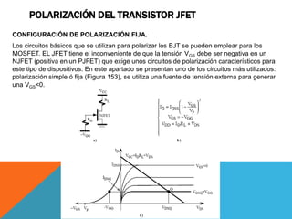 POLARIZACIÓN DEL TRANSISTOR JFET
CONFIGURACIÓN DE POLARIZACIÓN FIJA.
Los circuitos básicos que se utilizan para polarizar los BJT se pueden emplear para los
MOSFET. EL JFET tiene el inconveniente de que la tensión VGS debe ser negativa en un
NJFET (positiva en un PJFET) que exige unos circuitos de polarización característicos para
este tipo de dispositivos. En este apartado se presentan uno de los circuitos más utilizados:
polarización simple ó fija (Figura 153), se utiliza una fuente de tensión externa para generar
una VGS<0.
 