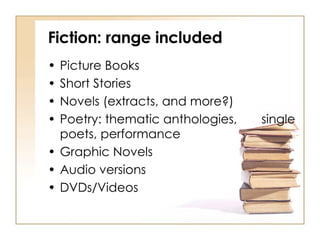 Fiction: range included Picture Books Short Stories Novels (extracts, and more?) Poetry: thematic anthologies,  single poets, performance Graphic Novels Audio versions DVDs/Videos 