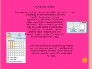 CREAR UNA TABLA

Para insertar una tabla en una diapositiva, sigue estos pasos:
          i. Despliega el menú Tabla de la pestaña
                    Insertar. Desplegar el menú y
             establecer su estructura utilizando la
             rejilla. Los cuadros naranjas delimitan
              el tamaño de la tabla que aparece
             indicado en la cabecera del listado.
               ii. Si lo haces a través de la opción
                  Insertar tabla te aparecerá una
              ventana en la que podrás indicar el
                     número de columnas y filas.



               Una vez determinado el tamaño de la tabla
               pulsa Aceptar y aparecerá una tabla en la
                diapositiva junto con una nueva barra de
                herramientas que te permitirá personalizar
                                 la tabla.
 