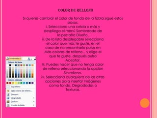 COLOR DE RELLENO

Si quieres cambiar el color de fondo de la tabla sigue estos
                                 pasos:
                  i. Selecciona una celda o más y
               despliega el menú Sombreado de
                          la pestaña Diseño.
             ii. De la lista desplegable selecciona
                   el color que más te guste, en el
                 caso de no encontrarlo pulsa en
                Más colores de relleno... y elige el
                     que te guste, después pulsa
                               Aceptar.
             iii. Puedes hacer que no tenga color
              de relleno seleccionando la opción
                              Sin relleno.
            iv. Selecciona cualquiera de las otras
                 opciones para insertar Imágenes
                     como fondo, Degradados o
                               Texturas.
 
