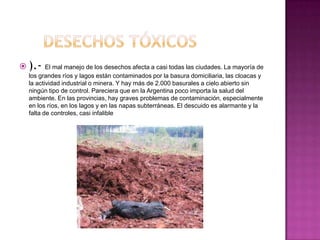  ).-    El mal manejo de los desechos afecta a casi todas las ciudades. La mayoría de
  los grandes ríos y lagos están contaminados por la basura domiciliaria, las cloacas y
  la actividad industrial o minera. Y hay más de 2.000 basurales a cielo abierto sin
  ningún tipo de control. Pareciera que en la Argentina poco importa la salud del
  ambiente. En las provincias, hay graves problemas de contaminación, especialmente
  en los ríos, en los lagos y en las napas subterráneas. El descuido es alarmante y la
  falta de controles, casi infalible
 