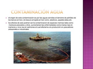   el origen de esta contaminación es por las aguas servidas el derrame de petróleo de
    los barcos al mar y la basura arrojada al mar como: plasticos ,papeles,latas,etc.
   los efectos de esto podrian ser:la contaminacion de especies marinas tales como
    :mariscos pescados y otros ,aumentarian las enfermedades como:marea roja en
    mariscos y virus isa en salmones el cual afectaría a la producción en pescadores
    artesanales e industriales
 