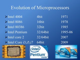 Evolution of Microprocessors
Intel 4004 4bit 1971
Intel 8086 16bit 1978
Intel 80386 32bit 1985
Intel Pentium 32/64bit ...