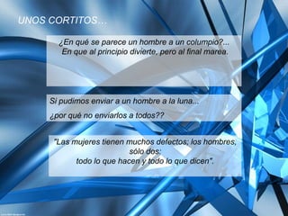 UNOS CORTITOS…

      ¿En qué se parece un hombre a un columpio?...
       En que al principio divierte, pero al final marea.




    Si pudimos enviar a un hombre a la luna...
    ¿por qué no enviarlos a todos??


     "Las mujeres tienen muchos defectos; los hombres,
                          sólo dos:
           todo lo que hacen y todo lo que dicen".
 