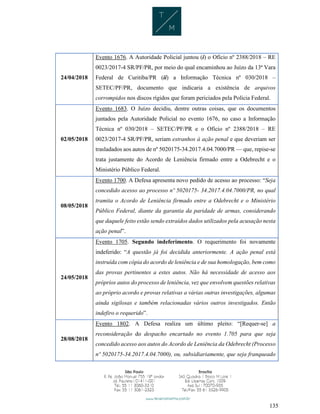 135
24/04/2018
Evento 1676. A Autoridade Policial juntou (i) o Ofício nº 2388/2018 – RE
0023/2017-4 SR/PF/PR, por meio do qual encaminhou ao Juízo da 13ª Vara
Federal de Curitiba/PR (ii) a Informação Técnica nº 030/2018 –
SETEC/PF/PR, documento que indicaria a existência de arquivos
corrompidos nos discos rígidos que foram periciados pela Polícia Federal.
02/05/2018
Evento 1683. O Juízo decidiu, dentre outras coisas, que os documentos
juntados pela Autoridade Policial no evento 1676, no caso a Informação
Técnica nº 030/2018 – SETEC/PF/PR e o Ofício nº 2388/2018 – RE
0023/2017-4 SR/PF/PR, seriam estranhos à ação penal e que deveriam ser
trasladados aos autos de nº 5020175-34.2017.4.04.7000/PR — que, repise-se
trata justamente do Acordo de Leniência firmado entre a Odebrecht e o
Ministério Público Federal.
08/05/2018
Evento 1700. A Defesa apresenta novo pedido de acesso ao processo: “Seja
concedido acesso ao processo nº 5020175- 34.2017.4.04.7000/PR, no qual
tramita o Acordo de Leniência firmado entre a Odebrecht e o Ministério
Público Federal, diante da garantia da paridade de armas, considerando
que daquele feito estão sendo extraídos dados utilizados pela acusação nesta
ação penal”.
24/05/2018
Evento 1705. Segundo indeferimento. O requerimento foi novamente
indeferido: “A questão já foi decidida anteriormente. A ação penal está
instruída com cópia do acordo de leniência e de sua homologação, bem como
das provas pertinentes a estes autos. Não há necessidade de acesso aos
próprios autos do processo de leniência, vez que envolvem questões relativas
ao próprio acordo e provas relativas a várias outras investigações, algumas
ainda sigilosas e também relacionadas vários outros investigados. Então
indefiro o requerido”.
28/08/2018
Evento 1802. A Defesa realiza um último pleito: “[Requer-se] a
reconsideração do despacho encartado no evento 1.705 para que seja
concedido acesso aos autos do Acordo de Leniência da Odebrecht (Processo
nº 5020175-34.2017.4.04.7000), ou, subsidiariamente, que seja franqueado
 