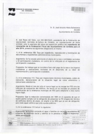 Alegaciones Federación AA.VV. Al-Zahara sobre plusvalía, tasas, IBI.