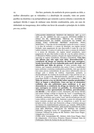 12. Em face, portanto, da ausência de prova quanto ao dolo, a
melhor alternativa que se vislumbra é a absolvição do acusado, visto ser ponto
pacífico na doutrina e na jurisprudência que somente a prova robusta e escorreita de
qualquer dúvida é capaz de embasar uma decisão condenatória, pois, em caso de
dubiedade ou insegurança, deve militar em favor do acusado o princípio do in dubio
pro reo, verbis:
APELAÇOES CRIMINAIS. TRÁFICO DE DROGAS. ART. 33 C/C
ART. 40, III, AMBOS DA LEI 11.343/06. DÚVIDAS SOBRE O
DOLO DA RÉ. ABSOLVIÇÃO. PROVAS DA AUTORIA E
MATERIALIDADE DA CORRÉ. ALEGAÇÃO DA CORRÉ DE
POSSE PARA CONSUMO PRÓPRIO AFASTADA. PENA
MANTIDA. 1. Uma das rés foi condenada à pena de 6 anos, 7 meses
e 10 dias de reclusão e 2 meses de detenção, em regime inicial
fechado, mais pagamento de 550 dias-multa à razão de 1/30 do
salário mínimo e a outra ré à pena de 6 anos e 5 meses de reclusão
e 2 meses de detenção, em regime inicial semiaberto, mais
pagamento de 500 dias-multa à razão de 1/30 do salário mínimo.
O Ministério Público postula a fixação do regime fechado para a ré
apenada no regime semiaberto, dizendo-a reincidente. Uma das
rés afirma que não agiu com dolo, desconhecendo a
existência da droga no interior do bolo que carregava,
tendo incorrido em erro induzido pela corré, devendo ser
absolvida por falta de provas. A outra acusada alega, em
síntese, que conjunto probatório dos autos é fraco e insuficiente
para sustentar a sentença condenatória proferida, visto que não há
nos autos provas contundentes de que estava adentrando com as
drogas com o intuito de traficar, requerendo, portanto, a
desclassificação da conduta da acusada para o tipo previsto no art.
28 da lei 11.343/2006. Alternativamente, postula a redução da
pena-base fixada e a fixação do regime inicial semiaberto. 2. Na
falta de provas e/ou na dúvida sobre aquelas produzidas,
deve se impor a absolvição. Caso em que os elementos
colhidos não são suficientes para condenar a ré que
desconhecia a existência da droga no interior da "cuca"
que carregava ao entrar no presídio. As circunstâncias
confortam a tese apresentada em defesa, prevalecendo,
na dúvida. 3. Em relação à corré, entretanto, não houve dúvida
que trazia consigo a droga no interior da "cuca", à semelhança da
corré presa momentos antes. Ela confessou a prática delitiva,
referindo, entretanto, que a outra "cuca" não foi enviada por ela, tal
como referiu a corré em defesa. Sustenta a posse do entorpecente
para consumo pessoal, que não se comprovou a partir do seu
próprio relato, ao dizer que forneceria a droga a terceiras pessoas
no interior do estabelecimento prisional. 4,5. omissis. APELAÇÃO
MINISTERIAL NÃO PROVIDA. APELAÇÃO DA DEFESA DE UMA
DAS RÉS PROVIDA. APELAÇÃO DA DEFESA DA CORRÉ
NEGADA. (Apelação Crime Nº 70053629960, Primeira Câmara
Criminal, Tribunal de Justiça do RS, Relator: Julio Cesar Finger,
Julgado em 17/07/2013)
(TJRS, ACR: 70053629960 RS , Relator: Julio Cesar Finger, Data
de Julgamento: 17/07/2013, Primeira Câmara Criminal, Data de
Publicação: Diário da Justiça do dia 23/08/2013)
 