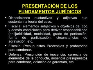 PRESENTACIÓN DE LOS FUNDAMENTOS JURÍDICOS Disposiciones sustantivas y adjetivas que sustentan la teoría del caso. Fiscalía: elementos subjetivos y objetivos del tipo y demás condiciones para derivar responsabilidad (antijuridicidad, modalidad, grado de perfección, forma de participación, circunstancias de agravación, etc. Fiscalía: Presupuestos Procesales y probatorios para condenar. Defensa: Presunción de inocencia, carencia de elementos de la conducta, ausencia presupuestos para condenar, violación de garantías, etc. 