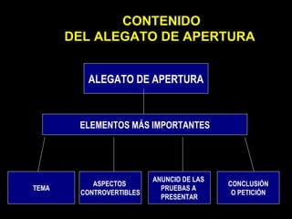CONTENIDO DEL ALEGATO DE APERTURA  ALEGATO DE APERTURA ELEMENTOS MÁS IMPORTANTES TEMA ASPECTOS  CONTROVERTIBLES ANUNCIO DE LAS  PRUEBAS A  PRESENTAR CONCLUSIÓN O PETICIÓN 