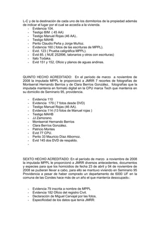 L-C y de la destinación de cada uno de los dormitorios de la propiedad además
de indicar el lugar por el cual se accedía a la vivienda.
- Evidencia 104.
- Testigo BIM ( 45 AA)
- Testigo Manuel Rojas (46 AA)..
- Testigo MAHB
- Perito Claudio Peña y Jorge Muñoz.
- Evidencia 160 ( fotos de las escrituras de MPPL).
- Evid. 123 ( Prueba caligráfica MPPL).
- Evid 85. ( NUE 252896, talonarios y otros con escrituras)
- Italo Todaka.
- Evid 151 y 152, Oficio y planos de aguas andinas.
QUINTO HECHO ACREDITADO: En el período de marzo a noviembre de
2008 la imputada MPPL le proporcionó a JMRR 7 recortes de fotografías de
Montserrat Hernando Berríos y de Clara Berríos González, fotografías que la
imputada mantenía en formato digital en la CPU marca Tech que mantenía en
su domicilio de Seminario 95, providencia.
- Evidencia 110
- Evidencia 179 ( 7 fotos desde DVD)
- Testigo Manuel Rojas (46 AA).
- Evidencia 114 (13 fotos de Manuel rojas )
- Testigo MAHB
- JJ Zamorano.
- Montserrat Hernando Berríos
- Clara Berríos González.
- Patricio Montes
- Evid 77 CPU.
- Perito 33 Mauricio Díaz Albornoz.
- Evid 145 dos DVD de respaldo.
-
SEXTO HECHO ACREDITADO: En el período de marzo a noviembre de 2008
la imputada MPPL le proporcionó a JMRR diversos antecedentes, documentos
y especies para que los homicidios de fecha 23 de abril y 04 de noviembre de
2008 se pudieran llevar a cabo, para ello se mantuvo viviendo en Seminario 95
Providencia a pesar de haber comprado un departamento de 6000 UF en la
comuna de las Condes hace más de un año el que mantenía desocupado.:
- Evidencia 79 inscrita a nombre de MPPL
- Evidencia 182 Oficio del registro Civil.
- Declaración de Miguel Carvajal por las fotos.
- Especificidad de los datos que tenía JMRR:
 