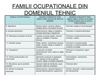 FAMILII OCUPATIONALE DIN
            DOMENIUL TEHNIC
     FAMILIA OCUPATIONALA               MESERII DOBANDITE PRIN                      MESERII DOBANDITE PRIN
                                      ABSOLVIREA SCOLII DE ARTE SI                ABSOLVIREA LICEULUI (FILIERA
                                                MESERII                            TEHNOLOGICA) SAU A SCOLII
                                                                                         POSTLICEALE
8. Agricultura                       Mecanic agrico, mecanic utilaje si          Tehnician cadastru funciar-topograf
                                     instalatii pentru imbunatatiri funciare
9. Industrie alimentara              Electromecanic utilaje si instalatii in     Tehnician in industria alimentara
                                     industria alimentara, frigotehnist
10. Fabricarea produselor din lemn   Tamplar universal, tapiter, mecanic         Tehnician in prelucrarea lemnului,
                                     utilaj e si instalatii in industria         normator, maistru
                                     lemnului
11. Industrie usoara                 Filator, tesator, confectioner produse      Tehnician in industria textila,
                                     textile, mecanic utilaje si instalatii in   tehnician in industria pielariei, maistru
                                     industria usoara                            confectii si tricotaje
12. Transporturi                     Constructor cai ferate,                     Tehnician in transporturi, agent
                                     electromecanic nave, masini si utilaje      feroviar
                                     portuare
13. Tehnici audiovizuale si de       Opererator productie si exploatare          Tehnoradactor, cameraman,
comunicatii                          film, operator sunet si pelicula,           fotoreporter
                                     mecanic utilaje si instalatii poligrafice
14. Silvicultura, ape si protectia   Operator retele de distributie a apei,      Tehnician silvic
mediului                             operator retele de canalizare
15. Servicii si productie            Electromecanic, reparatii frigidere si      Vitrinier, decorator, creator-proiectant
artizanala                           aparate electrocasnice, ceasornicar         de imbracaminte
 