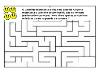 O Labirinto representa a vida e no caso da Alegoria representa o caminho desconhecido que os homens (smiles) não conhecem, “eles vêem apenas as sombras refletidas da luz na parede da caverna. “ 