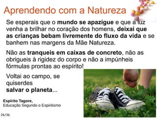 #
Se esperais que o mundo se apazígue e que a luz
venha a brilhar no coração dos homens, deixai que
as crianças bebam livremente do fluxo da vida e se
banhem nas margens da Mãe Natureza.
Não as tranqueis em caixas de concreto, não as
obrigueis à rigidez do corpo e não a impúnheis
fórmulas prontas ao espírito!
Voltai ao campo, se
quiserdes
salvar o planeta...
26/36
Aprendendo com a Natureza
Espírito Tagore,
Educação Segundo o Espiritismo
 