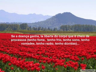 Se tu vences, serás mais humilde, mais agradecido... Portan-
to, facilmente feliz, livre do enorme peso da culpa, da res-
ponsabilidade e da vaidade, disposto a viver cada instante
profundamente, como deve ser.




   Se a doença ganha, te liberta do corpo que é cheio de
   processos (tenho fome, tenho frio, tenho sono, tenho
         vontades, tenho razão, tenho dúvidas)...
 