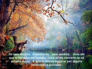 Dá sem medida, e receberás sem medida. Ama até
que te tornes o ser amado; mais ainda converte-te no
próprio Amor. E não te deixes enganar por alguns
homicidas e suicidas.




  Dá sem medida, e receberás sem medida. Ama até
  que te tornes o ser amado; mais ainda converte-te no
   próprio Amor. E não te deixes enganar por alguns
                  homicidas e suicidas.
 
