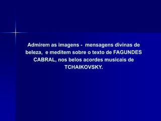 Admirem as imagens - mensagens divinas de
beleza, e meditem sobre o texto de FAGUNDES
   CABRAL, nos belos acordes musicais de
               TCHAIKOVSKY.
 