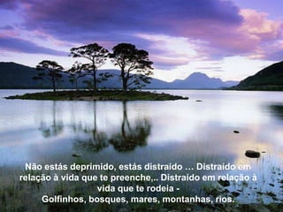 Não estás deprimido, estás distraído … Distraído em relação
à vida que te preenche,.. Distraído em relação à vida que te
rodeia - Golfinhos, bosques, mares, montanhas, rios.




   Não estás deprimido, estás distraído … Distraído em
  relação à vida que te preenche,.. Distraído em relação à
                    vida que te rodeia -
       Golfinhos, bosques, mares, montanhas, rios.
 