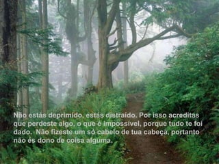 Não estás deprimido, estás distraído. Por isso acreditas
que perdeste algo, o que é impossível, porque tudo te foi
dado. Não fizeste um só cabelo de tua cabeça, portanto
não és dono de coisa alguma.




Não estás deprimido, estás distraído. Por isso acreditas
que perdeste algo, o que é impossível, porque tudo te foi
dado. Não fizeste um só cabelo de tua cabeça, portanto
não és dono de coisa alguma.
 