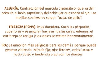 ALEGRÍA: Contracción del músculo cigomático (que va del
pómulo al labio superior) y del orbicular que rodea al ojo. Las
        mejillas se elevan y surgen “patas de gallo”.

    TRISTEZA (PENA): Muy duradera. Caen los párpados
  superiores y se angulan hacia arriba las cejas. Además, el
 entrecejo se arruga y los labios se estiran horizontalmente.

IRA: La emoción más peligrosa para los demás, porque puede
  generar violencia. Mirada fija, ojos feroces, cejas juntas y
        hacia abajo y tendencia a apretar los dientes.
 