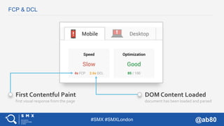 #SMX #SMXLondon @ab80
FCP & DCL
First Contentful Paint
first visual response from the page
DOM Content Loaded
document has...