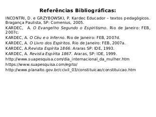 Referências Bibliográficas:
INCONTRI, D. e GRZYBOWSKI, P. Kardec Educador – textos pedagógicos.
Bragança Paulista, SP: Comenius, 2005.
KARDEC, A. O Evangelho Segundo o Espiritismo. Rio de Janeiro: FEB,
2007c.
KARDEC, A. O Céu e o Inferno. Rio de Janeiro: FEB, 2007d.
KARDEC, A. O Livro dos Espíritos. Rio de Janeiro: FEB, 2007a.
KARDEC, A.Revista Espírita 1866. Araras SP: IDE, 1993.
KARDEC, A. Revista Espírita 1867. Araras, SP: IDE, 1999.
http://www.suapesquisa.com/dia_internacional_da_mulher.htm
https://www.suapesquisa.com/egito/
http://www.planalto.gov.br/ccivil_03/constituicao/constituicao.htm
 