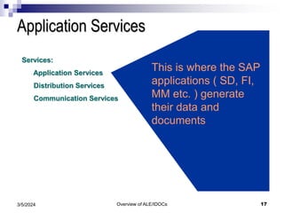 Overview of ALE/IDOCs 17
3/5/2024
Application Services
Services:
Application Services
Distribution Services
Communication Services
This is where the SAP
applications ( SD, FI,
MM etc. ) generate
their data and
documents
 