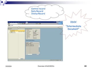 Overview of ALE/IDOCs 24
3/5/2024
Control record
Data Record
Status Record
IDOC
“Intermediate
Document”
 