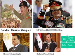 Saddam Hussein (Iraque)   MUAMMAR KADDAFI (LÍBIA)



                                                           Coreia
                                                    Irã   do Norte

                                                    Cuba Sudão


 Hosni :Mubarak (Egito)   Bashar al Assad (Síria)
 