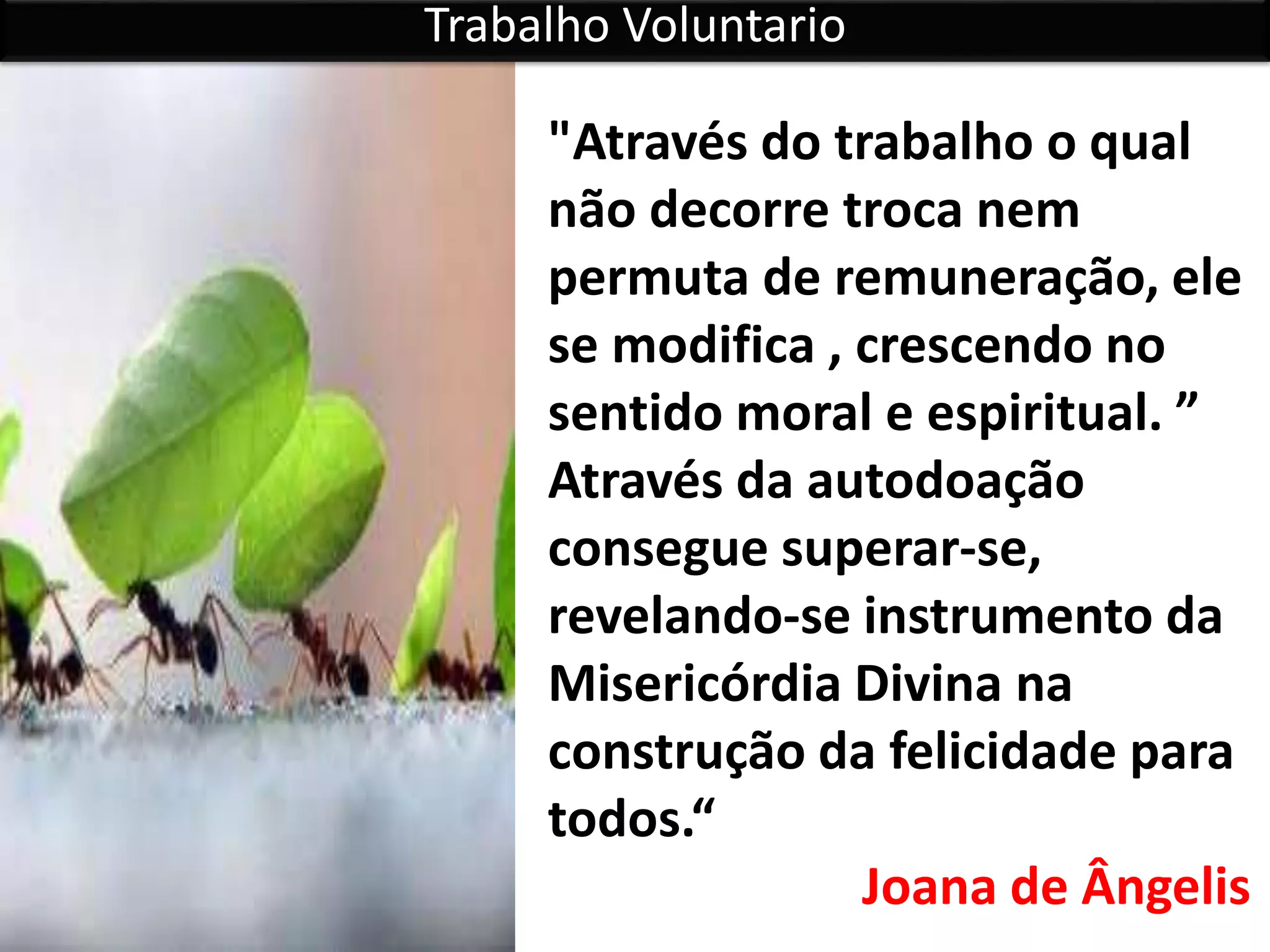 Trabalho Voluntario
"Através do trabalho o qual
não decorre troca nem
permuta de remuneração, ele
se modifica , crescendo no
sentido moral e espiritual. ”
Através da autodoação
consegue superar-se,
revelando-se instrumento da
Misericórdia Divina na
construção da felicidade para
todos.“
Joana de Ângelis
 