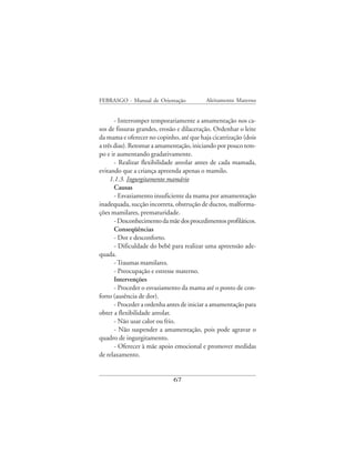 FEBRASGO - Manual de Orientação            Aleitamento Materno


       - Interromper temporariamente a amamentação nos ca-
sos de fissuras grandes, erosão e dilaceração. Ordenhar o leite
da mama e oferecer no copinho, até que haja cicatrização (dois
a três dias). Retomar a amamentação, iniciando por pouco tem-
po e ir aumentando gradativamente.
       - Realizar flexibilidade areolar antes de cada mamada,
evitando que a criança apreenda apenas o mamilo.
     1.1.3. Ingurgitamento mamário
       Causas
       - Esvaziamento insuficiente da mama por amamentação
inadequada, sucção incorreta, obstrução de ductos, malforma-
ções mamilares, prematuridade.
       - Desconhecimento da mãe dos procedimentos profiláticos.
       Conseqüências
       - Dor e desconforto.
       - Dificuldade do bebê para realizar uma apreensão ade-
quada.
       - Traumas mamilares.
       - Preocupação e estresse materno.
       Intervenções
       - Proceder o esvaziamento da mama até o ponto de con-
forto (ausência de dor).
       - Proceder a ordenha antes de iniciar a amamentação para
obter a flexibilidade areolar.
       - Não usar calor ou frio.
       - Não suspender a amamentação, pois pode agravar o
quadro de ingurgitamento.
       - Oferecer à mãe apoio emocional e promover medidas
de relaxamento.


                             67
 