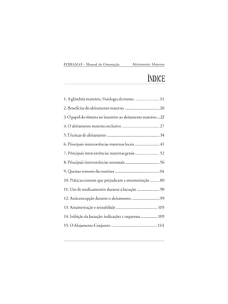 FEBRASGO - Manual de Orientação                        Aleitamento Materno



                                                                   ÍNDICE

1. A glândula mamária. Fisiologia da mama ........................ 11

2. Benefícios do aleitamento materno .................................. 20

3. O papel do obstetra no incentivo ao aleitamento materno ... 22

4. O aleitamento materno exclusivo .................................... 27

5. Técnicas de aleitamento ................................................... 34

6. Principais intercorrências maternas locais ....................... 41

7. Principais intercorrências maternas gerais ....................... 52

8. Principais intercorrências neonatais .................................. 56

9. Queixas comuns das nutrizes ............................................ 64

10. Práticas comuns que prejudicam a amamentação ......... 80

11. Uso de medicamentos durante a lactação ...................... 90

12. Anticoncepção durante o aleitamento .............................. 99

13. Amamentação e sexualidade ......................................... 105

14. Inibição da lactação: indicações e esquemas ................ 109

15. O Alojamento Conjunto .............................................. 114



                                       9
 